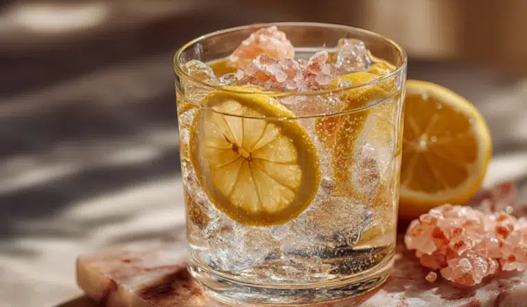 Zepbound Recipe with Pink Salt A refreshing glass of Zepbound water with lemon, ginger, and pink Himalayan salt on a marble surface.