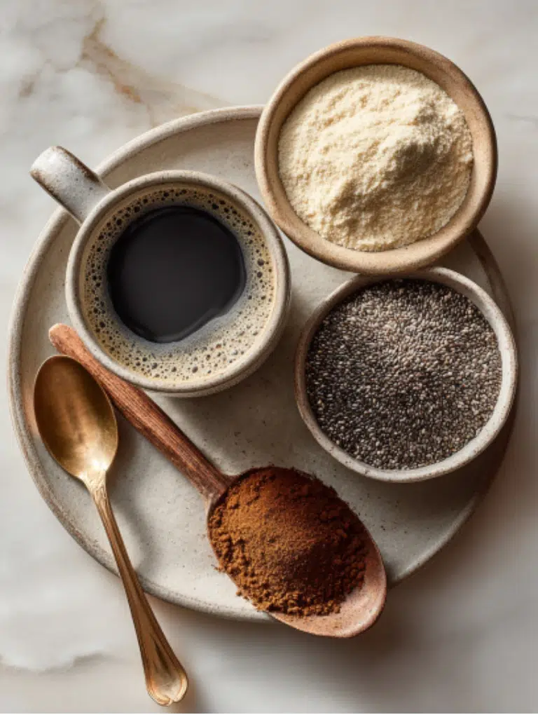 Healthy coffee ingredients including flaxseed, chia, cinnamon, and collagen on white marble.