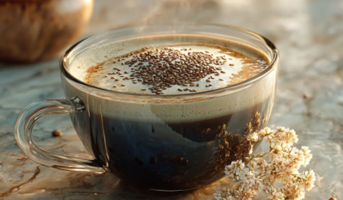 bariatric seed coffee recipe Flat lay of chia, flaxseed, cinnamon, collagen, and black coffee on marble counter.