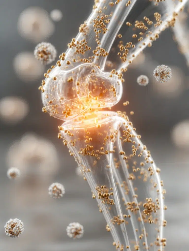 3D illustration of a human knee joint glowing with collagen molecules around it.