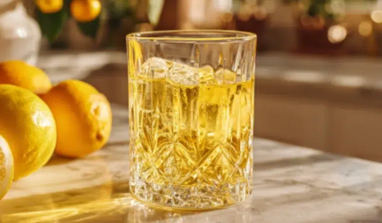 A bright kitchen scene featuring a glass of golden gelatin drink with fresh lemons and oranges, symbolizing natural joint support and healthy collagen boost.