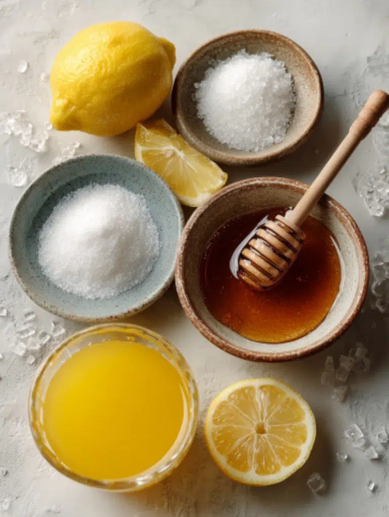 Flat lay of gelatin trick ingredients including gelatin powder, honey, lemon juice, sea salt, and orange juice arranged on a white countertop.