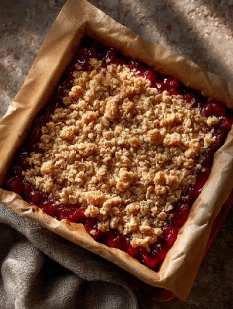 Spreading glossy rhubarb filling over oat crust in a parchment-lined baking pan before adding crumble topping.
