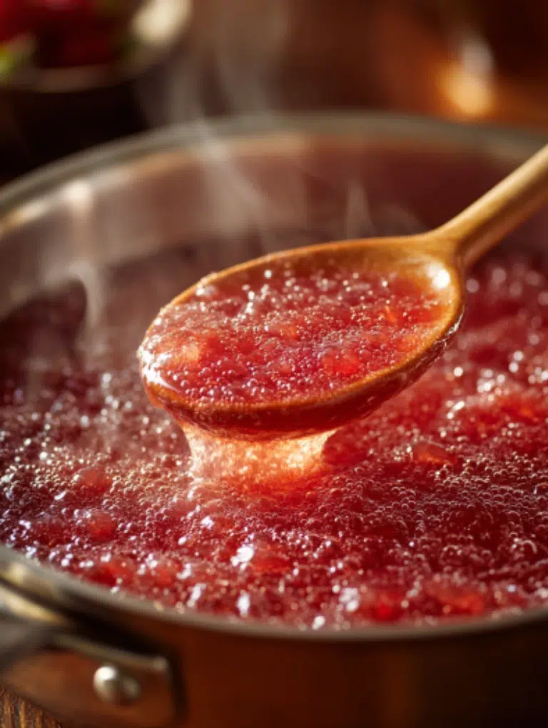 Saucepan of rhubarb filling simmering into a glossy pink mixture with steam rising.