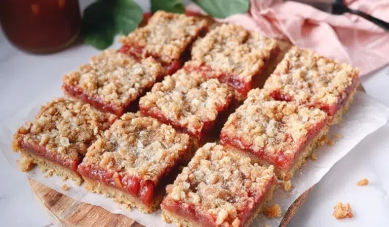 Freshly baked Amish oatmeal rhubarb bars with golden oat crumble and glossy rhubarb filling on a rustic wooden table.