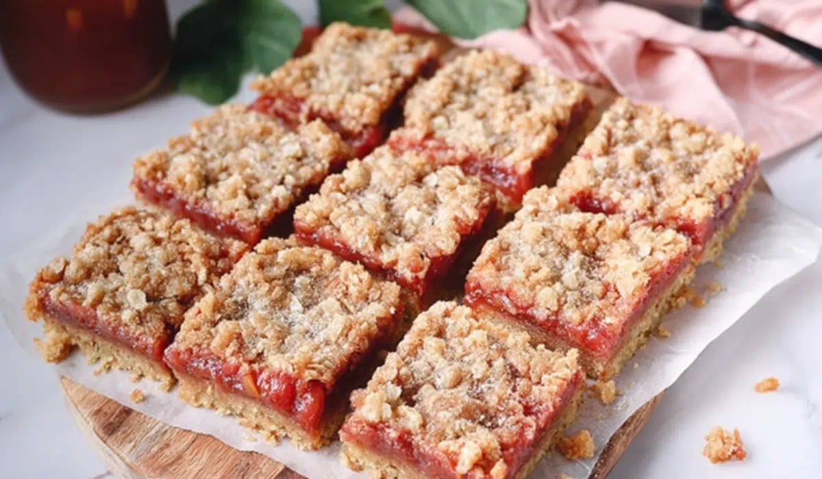 Freshly baked Amish oatmeal rhubarb bars with golden oat crumble and glossy rhubarb filling on a rustic wooden table.