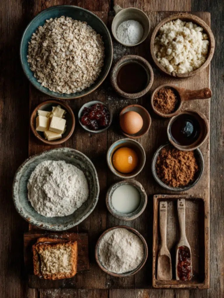 Flat lay of oats, rhubarb, butter, brown sugar, flour, and vanilla arranged on a rustic wooden table.