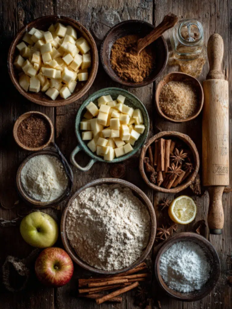 Overhead view of all ingredients for apple bars — apples, butter, flour, brown sugar, cinnamon, and lemon arranged on a rustic wooden table.