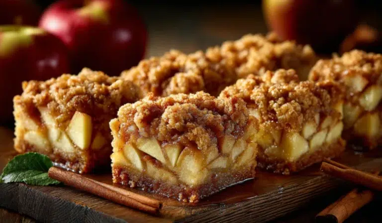 Golden apple bars with crumb topping on a rustic wooden table, surrounded by fresh apples and cinnamon sticks.