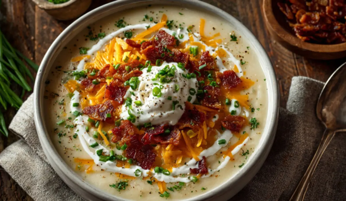 Creamy baked potato soup served in a white bowl, topped with bacon, cheddar, sour cream, and green onions, photographed from above on a rustic wooden table.