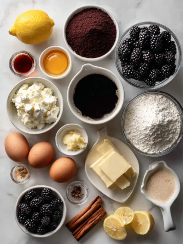Flat lay of Blackberry Velvet Gothic Cake ingredients, including black cocoa powder, flour, sugar, eggs, buttermilk, coffee, butter, cream cheese, fresh blackberries, and lemon zest, neatly arranged in small bowls on a white marble background.