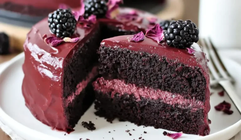 Top-down photo of Blackberry Velvet Gothic Cake slices arranged in a white bowl with glossy blackberry compote and black cocoa frosting, styled with fresh blackberries and rose petals.
