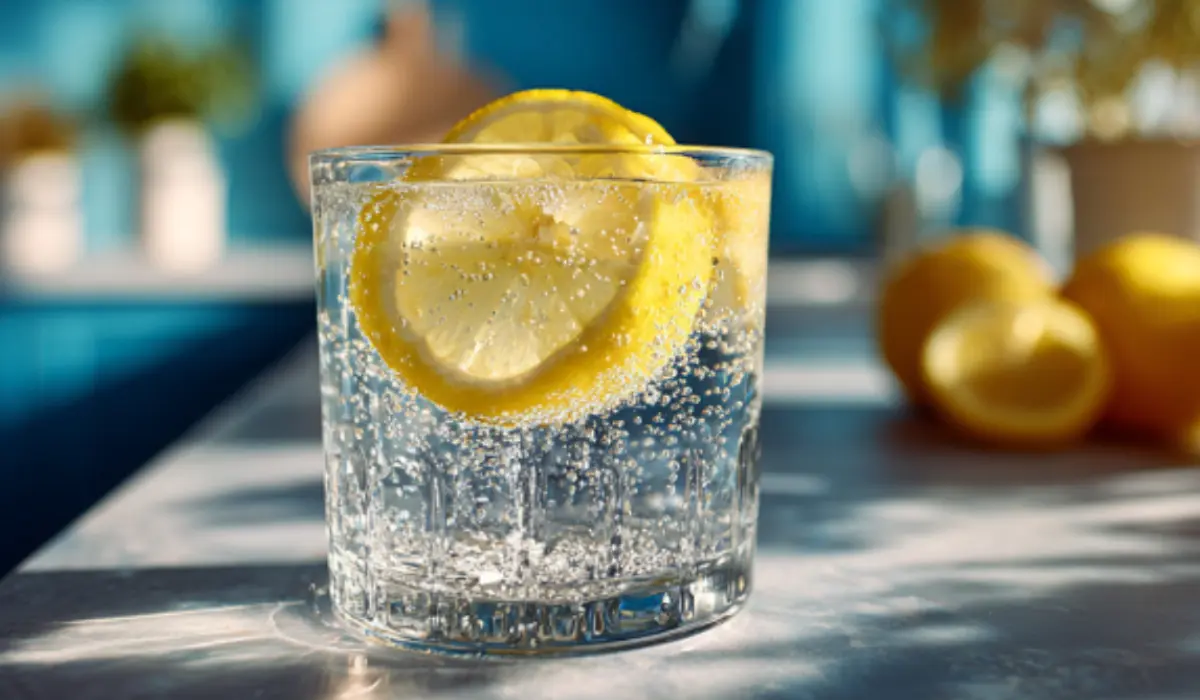 Glass of water with a pinch of Celtic sea salt and lemon slice on a bright kitchen counter, symbolizing the Celtic blue salt hydration trend.