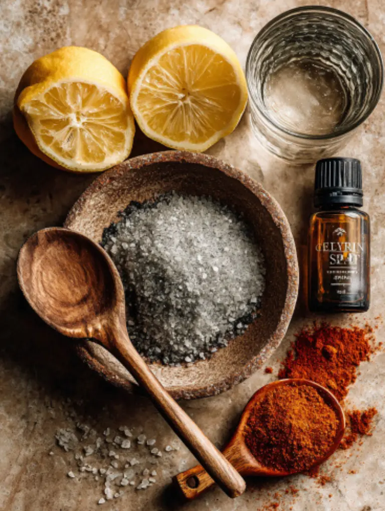 Flat lay of Celtic sea salt, lemon, apple cider vinegar, cayenne, and warm water arranged on a marble surface under soft daylight.