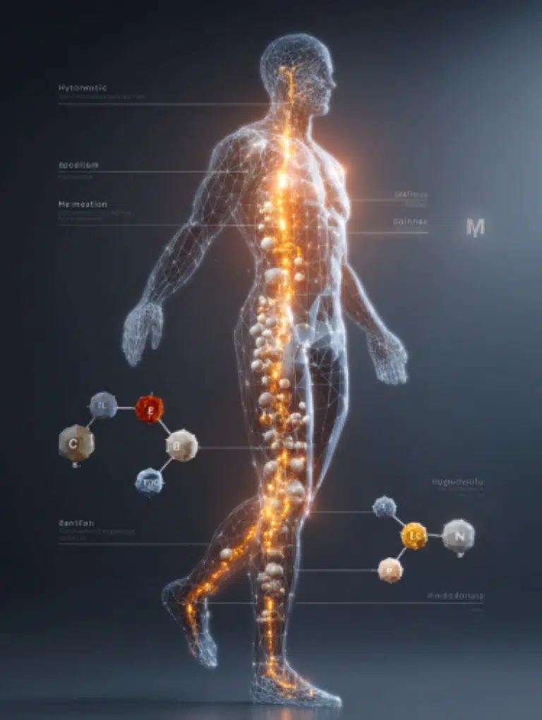 Scientific concept of hydration showing water molecules, sodium, and magnesium helping cell absorption.