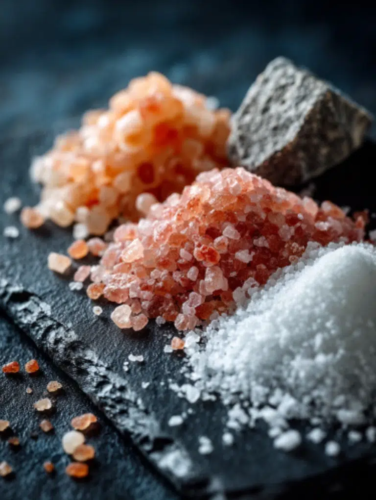 Side-by-side comparison of Celtic gray salt, pink Himalayan salt, and white table salt on a dark slate board.