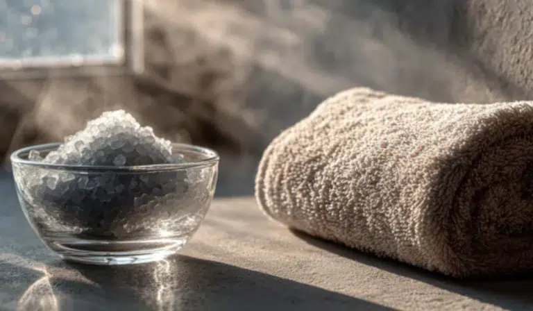 Glass bowl of gray Celtic sea salt beside a white towel in a bright minimalist bathroom with soft morning light.