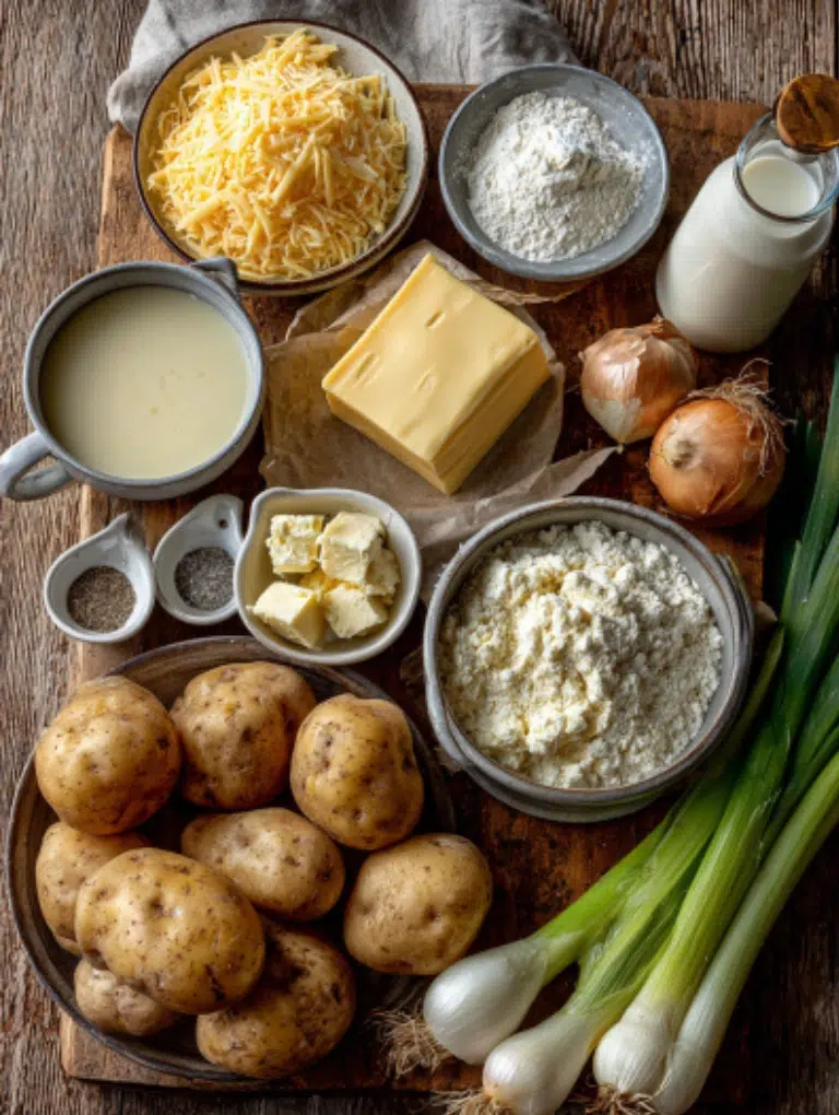 Flat lay of cheesy potato soup ingredients neatly arranged on a wooden surface Yukon gold potatoes, cheddar cheese, butter, milk, cream, garlic, onion, celery, and chicken broth.