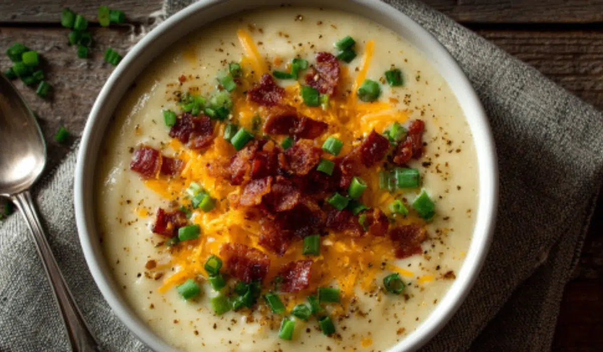 Creamy cheesy potato soup served in a white bowl topped with melted cheddar, bacon bits, and green onions, photographed from above on a rustic wooden table.