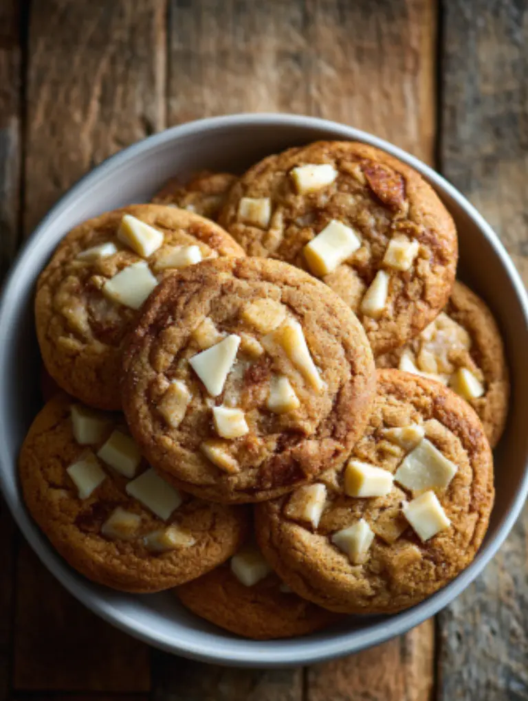 Plate of chewy maple cinnamon cookies with white chocolate, served alongside a steaming cup of coffee with cinnamon sticks on the side.