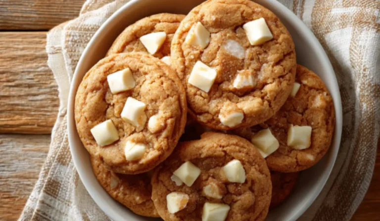 Overhead shot of chewy maple cinnamon cookies with white chocolate, neatly arranged in a white bowl on a rustic wooden table with maple syrup and cinnamon sticks nearby.