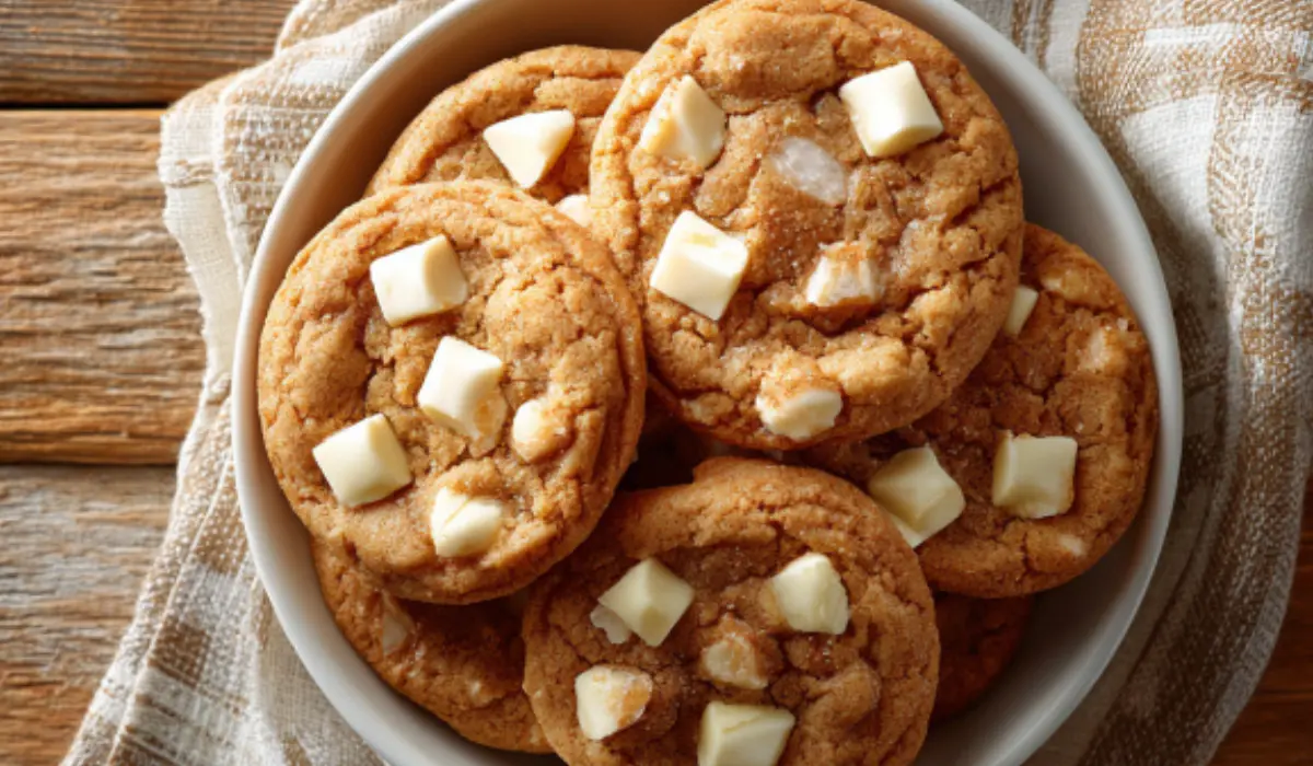 Overhead shot of chewy maple cinnamon cookies with white chocolate, neatly arranged in a white bowl on a rustic wooden table with maple syrup and cinnamon sticks nearby.