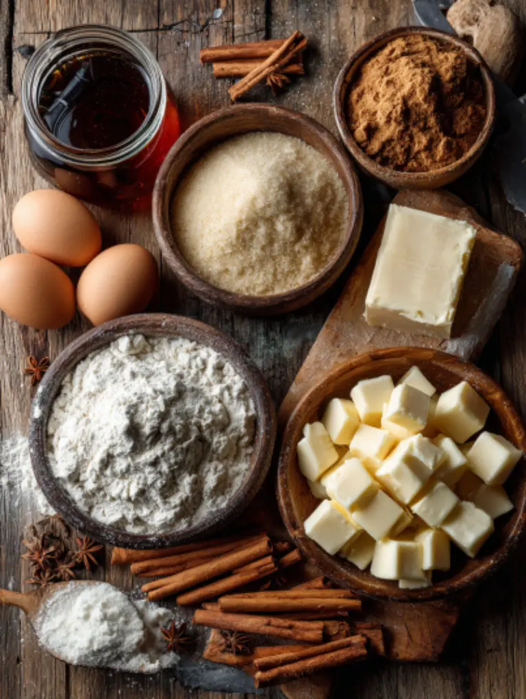 Flat lay of baking ingredients for maple cinnamon cookies, including maple syrup, brown sugar, white chocolate, butter, flour, eggs, and cinnamon sticks, neatly arranged on a wooden surface.