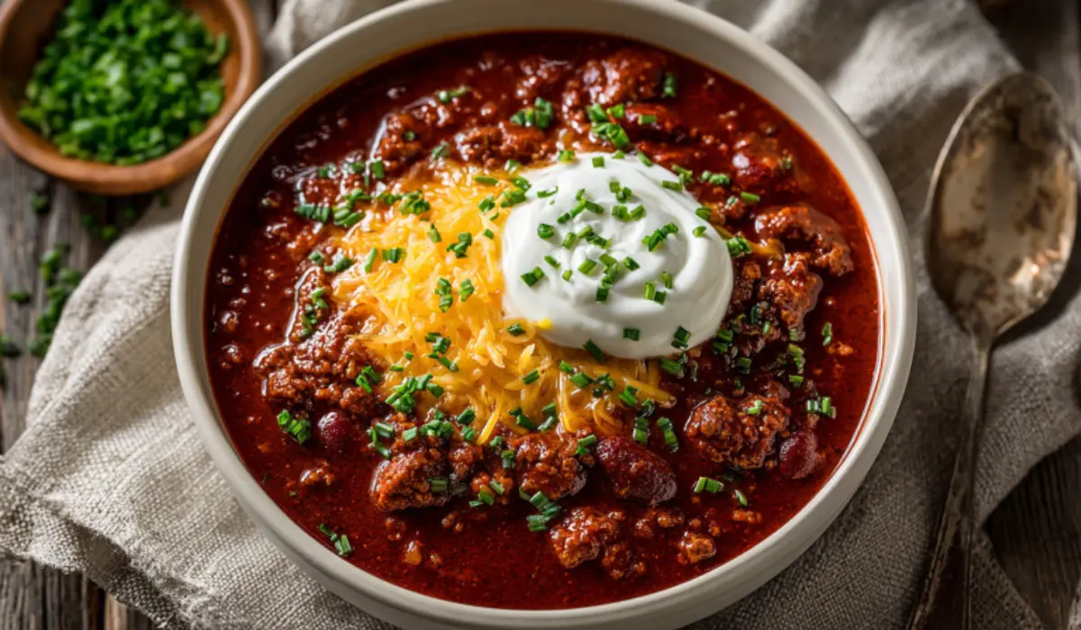 Overhead view of homemade crockpot chili served in a white bowl, neatly topped with shredded cheese, sour cream, and chives on a light wooden table.