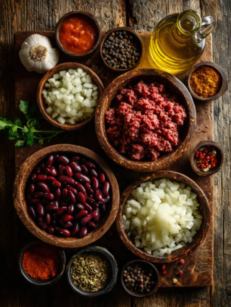 Flat lay of chili ingredients including ground beef, diced onions, beans, tomato sauce, and spices on a wooden kitchen counter in natural light.