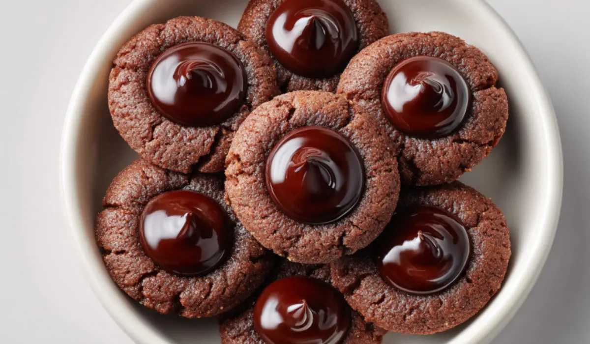 Overhead shot of chocolate thumbprint cookies neatly arranged in a white bowl on a plain white background.