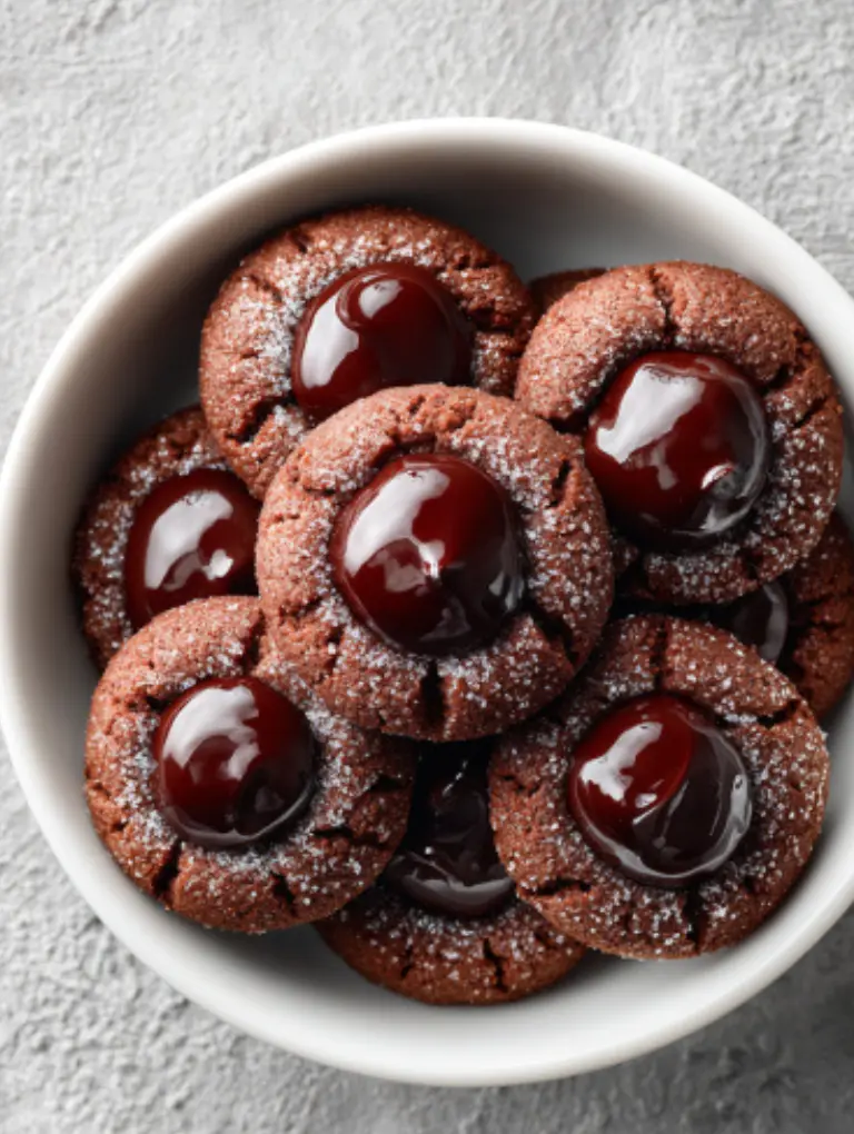 Overhead shot of chocolate thumbprint cookies with glossy ganache centers served neatly on a plain white plate.