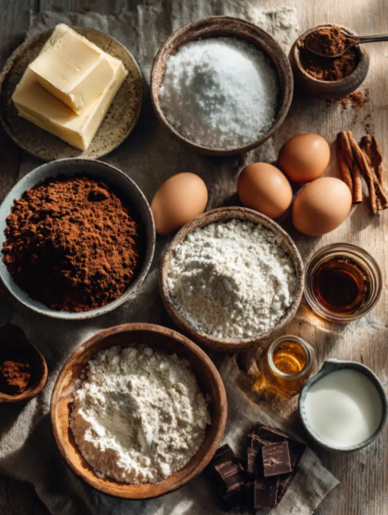 Overhead flat lay of baking ingredients for chocolate thumbprint cookies on a white marble background.