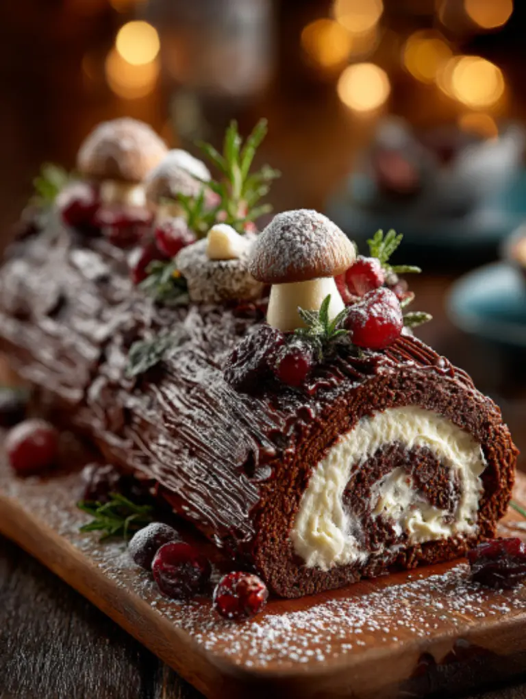 Slice of chocolate yule log on a dessert plate showing creamy filling, with a cup of coffee and holiday décor in the background.
