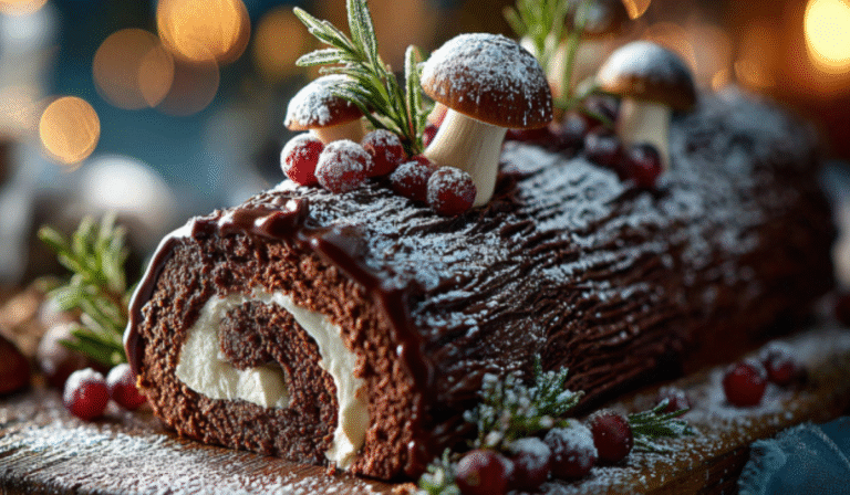 Festive chocolate yule log topped with glossy ganache, powdered-sugar snow, meringue mushrooms, and sugared cranberries on a wooden holiday table.