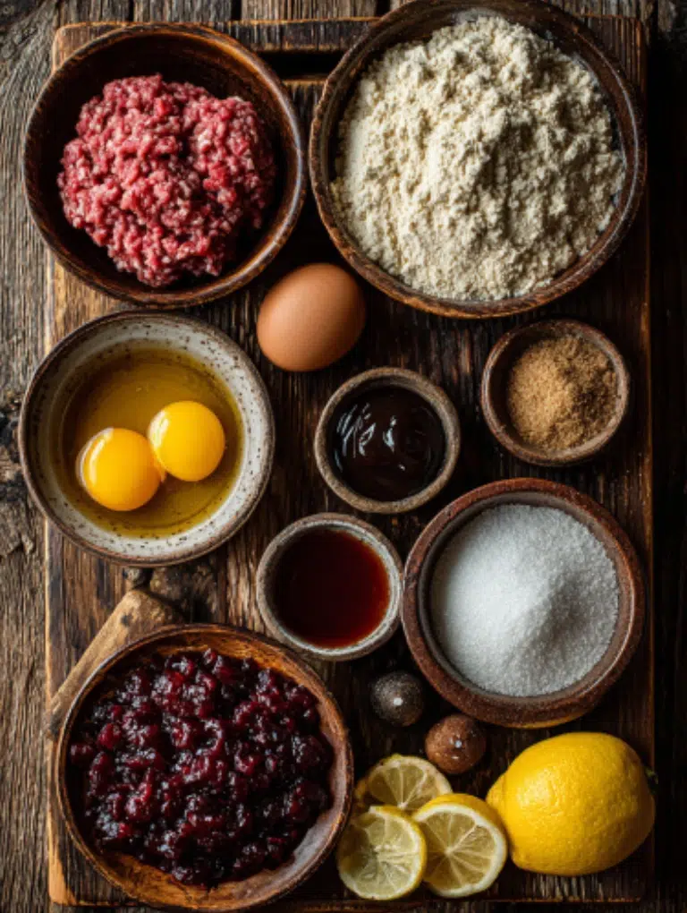 Overhead view of ingredients for Christmas Cranberry Meatballs, including ground beef, eggs, breadcrumbs, cranberry sauce, and BBQ sauce on a wooden surface.