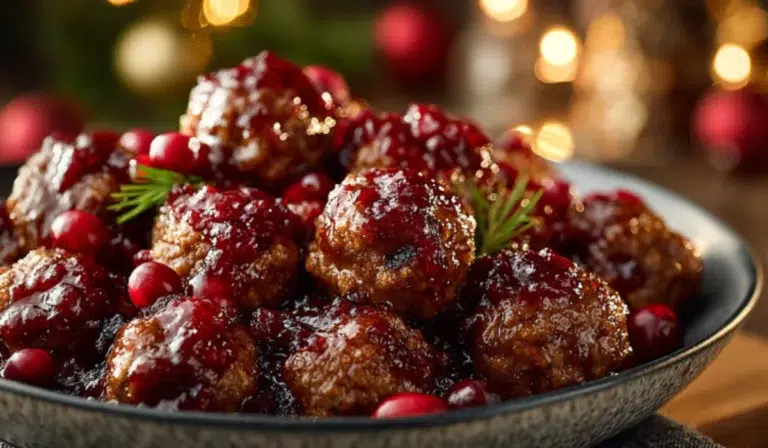 Glossy cranberry meatballs served in a festive bowl with Christmas lights in the background.