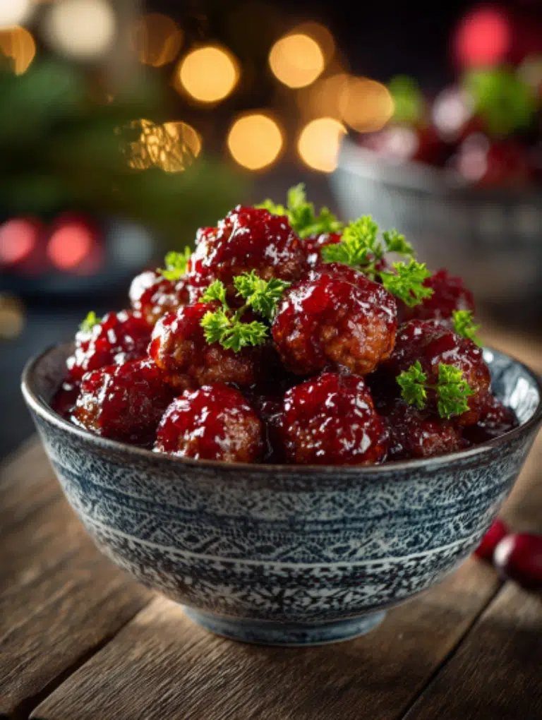 Christmas Cranberry Meatballs served with toothpicks on a holiday platter with festive decorations.