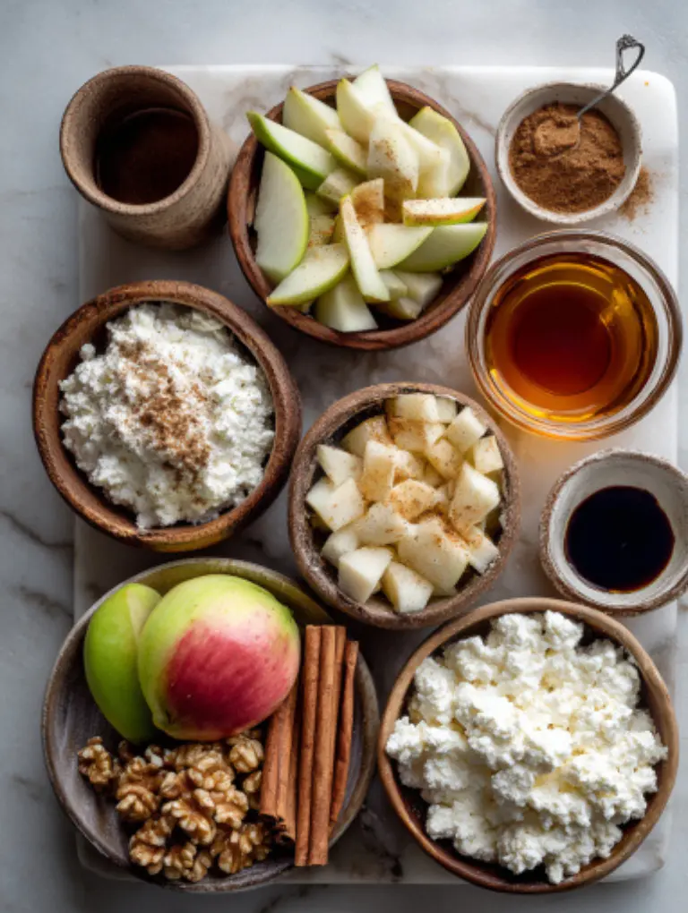 Flat lay of cinnamon apple cottage cheese bowl ingredients — cottage cheese, chopped apples, walnuts, cinnamon sticks, and maple syrup on a marble surface.