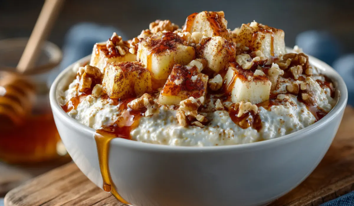 Creamy cottage cheese bowl topped with cinnamon-spiced apples, maple drizzle, and walnuts on a rustic wooden table in warm morning light.