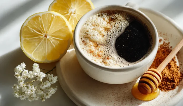 Overhead view of a white bowl filled with coffee, lemon slice, cinnamon, and honey arranged neatly for a coffee weight loss recipe.