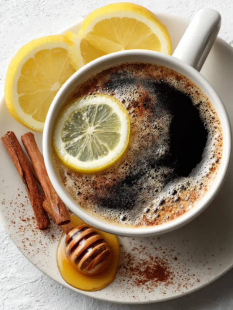 Cup of healthy black coffee served with oatmeal and lemon on a white linen table, natural morning light.