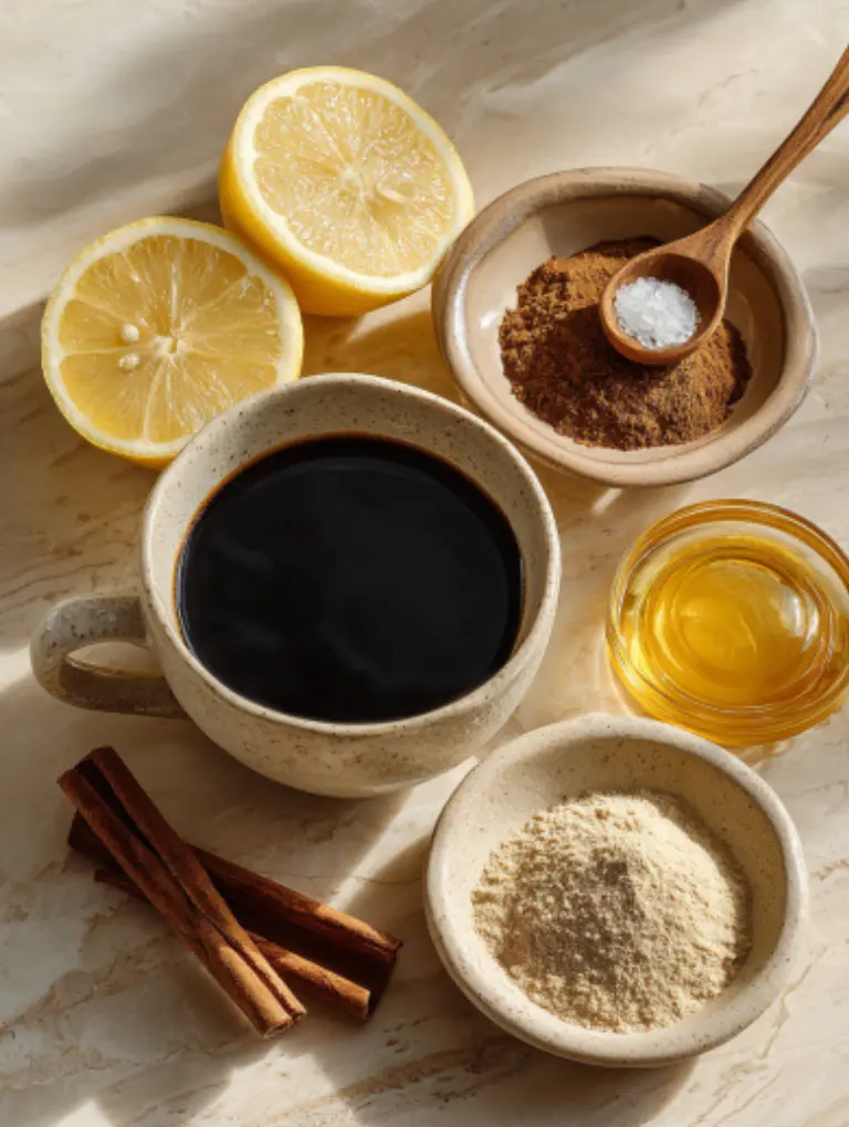 Flat lay of coffee weight loss recipe ingredients including black coffee, lemon wedge, cinnamon, honey, and MCT oil on a marble surface.