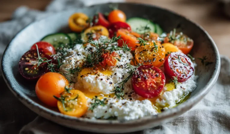 Cottage cheese breakfast bowl topped with fresh vegetables, herbs, and olive oil on a bright wooden table in morning light.