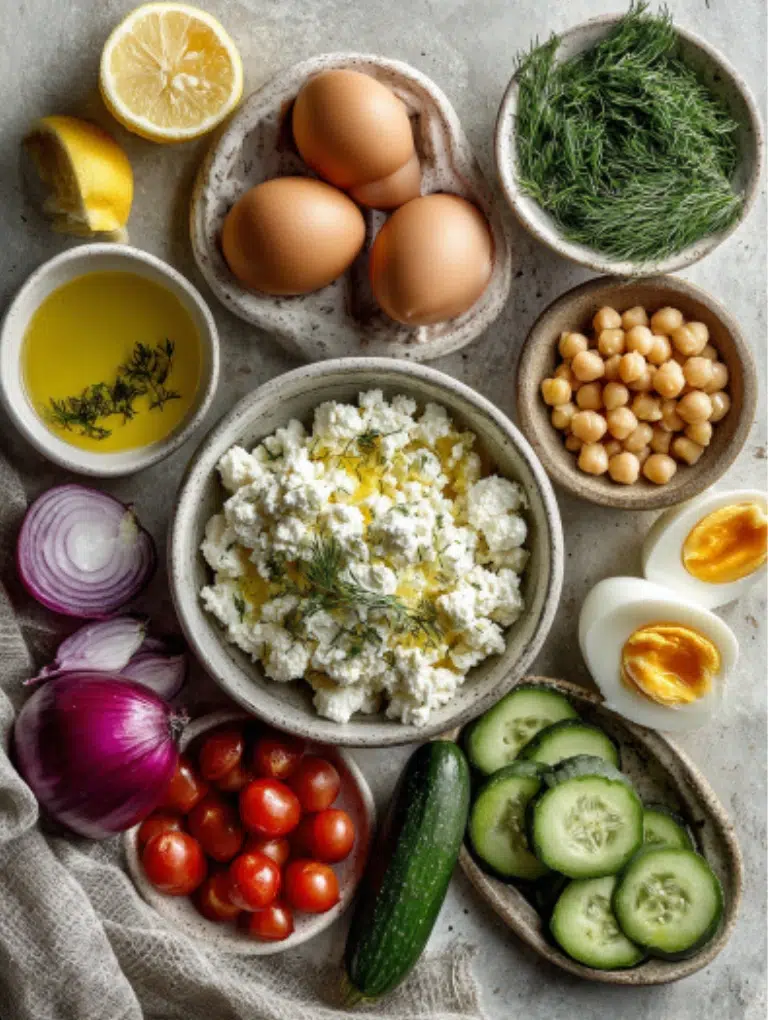 Ingredients for cottage cheese protein bowl including cottage cheese, lemon, dill, tomatoes, cucumber, chickpeas, and eggs arranged on white surface.