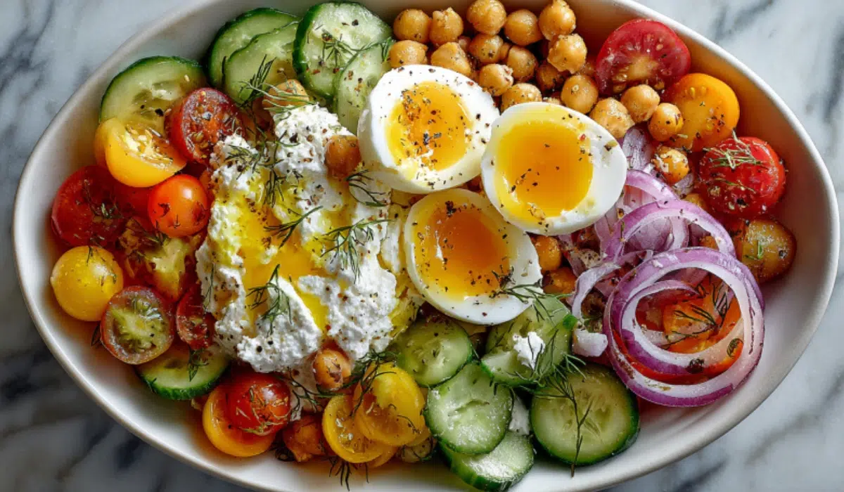 Healthy cottage cheese protein bowl with colorful vegetables and soft-boiled eggs on marble background.