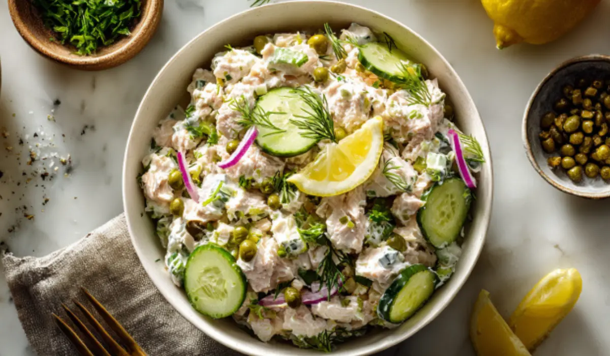 Creamy cottage cheese tuna salad in a white bowl with lemon wedges, celery, red onion, and pickles on marble countertop.