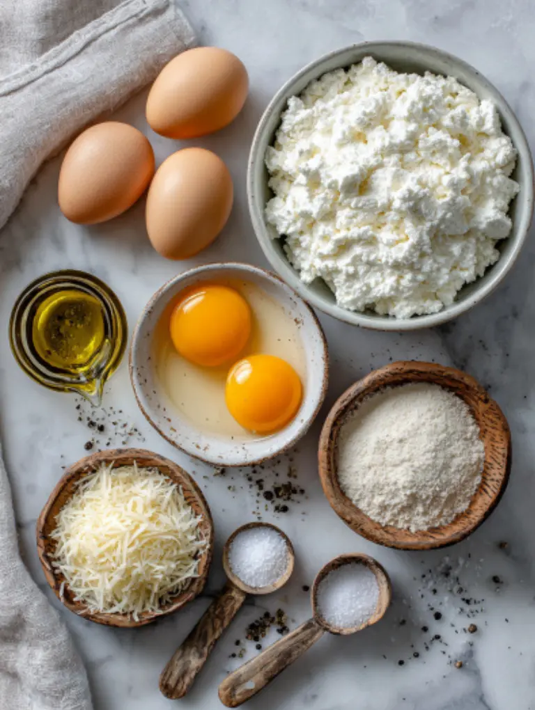 Overhead view of cottage cheese wrap ingredients cottage cheese, eggs, grated Parmesan, romaine lettuce, chicken breast, Caesar dressing, and seasonings on marble.