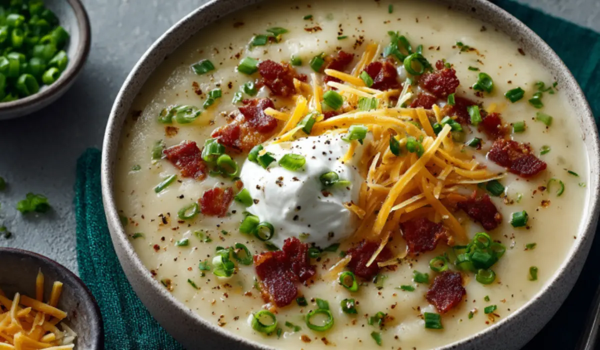 Overhead view of creamy potato soup in a white bowl topped with bacon, cheddar, sour cream, and chives.