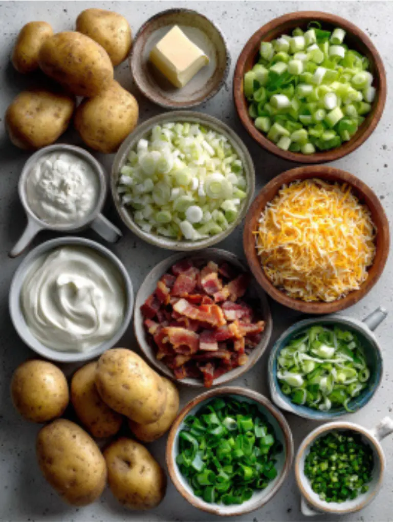 Flat lay of creamy potato soup ingredients including potatoes, bacon, onions, celery, butter, cream, and seasonings.