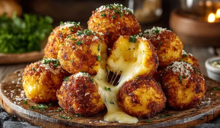 Golden crispy potato cheese balls stacked on a rustic plate, garnished with parsley and Parmesan, with melty cheese oozing from one ball under warm kitchen light.
